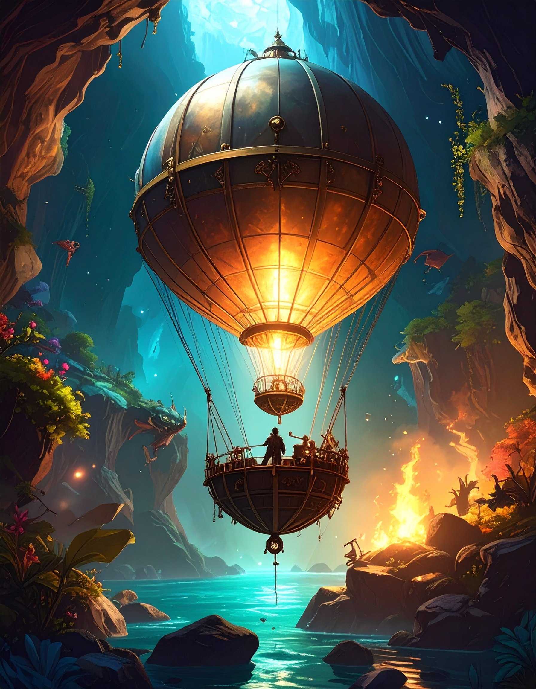 Firefly_Steampunk Wissenschaftler steht in einem Ballonkorb auf dem Boden einer einer Höhle m 178829